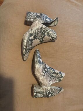 Steve Madden Snake-Print Pointed Toe Block Heel Ankle Boots - Black/Gray/Cream